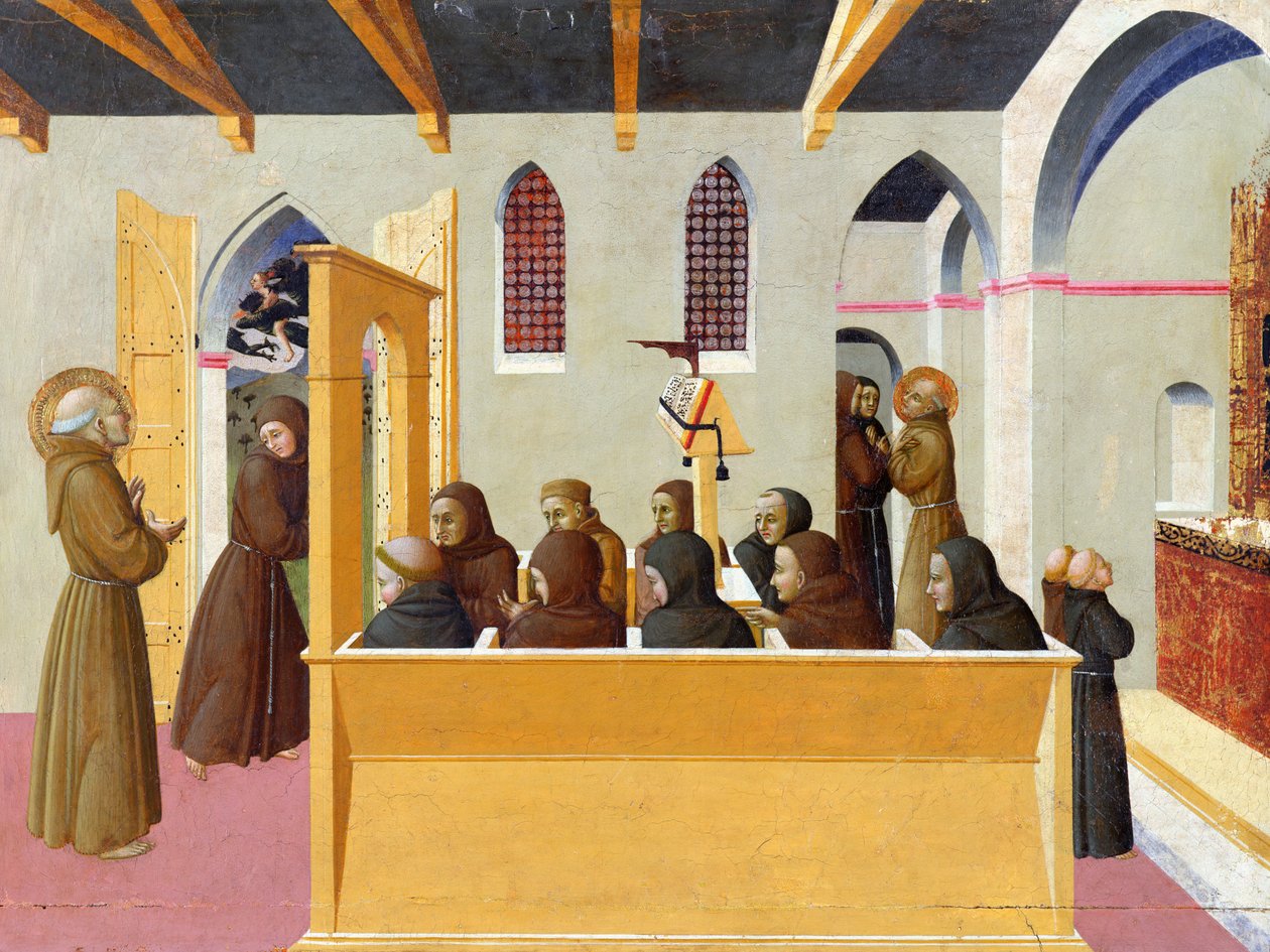 The Damnation of the Soul of the Miser of Citerna, predella panel från polyptyken San Francesco di Borgo San Sepolcro, 1426-44 av Stefano Sassetta