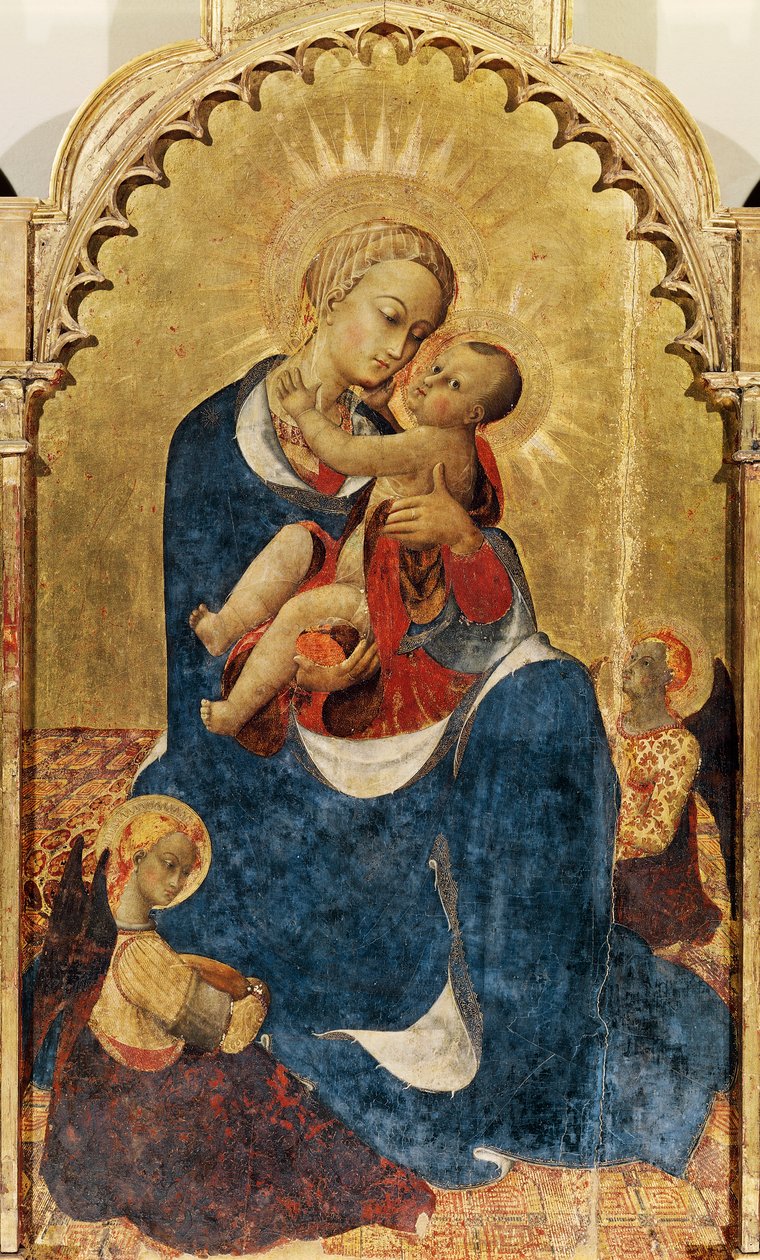 Madonna och barn, centralpanel av altartavla av St Dominic of Cortona, ca 1434, av Sassetta (ca 1400-1450), tempera och guld på trä, 52x132 cm av Sassetta (c.1392 1450)