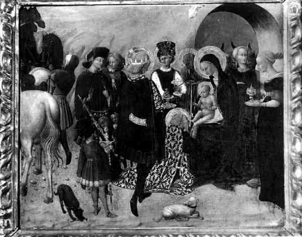 The Adoration of the Magi (tempera på panel) (s/v foto) av Sassetta (c.1392 1450)