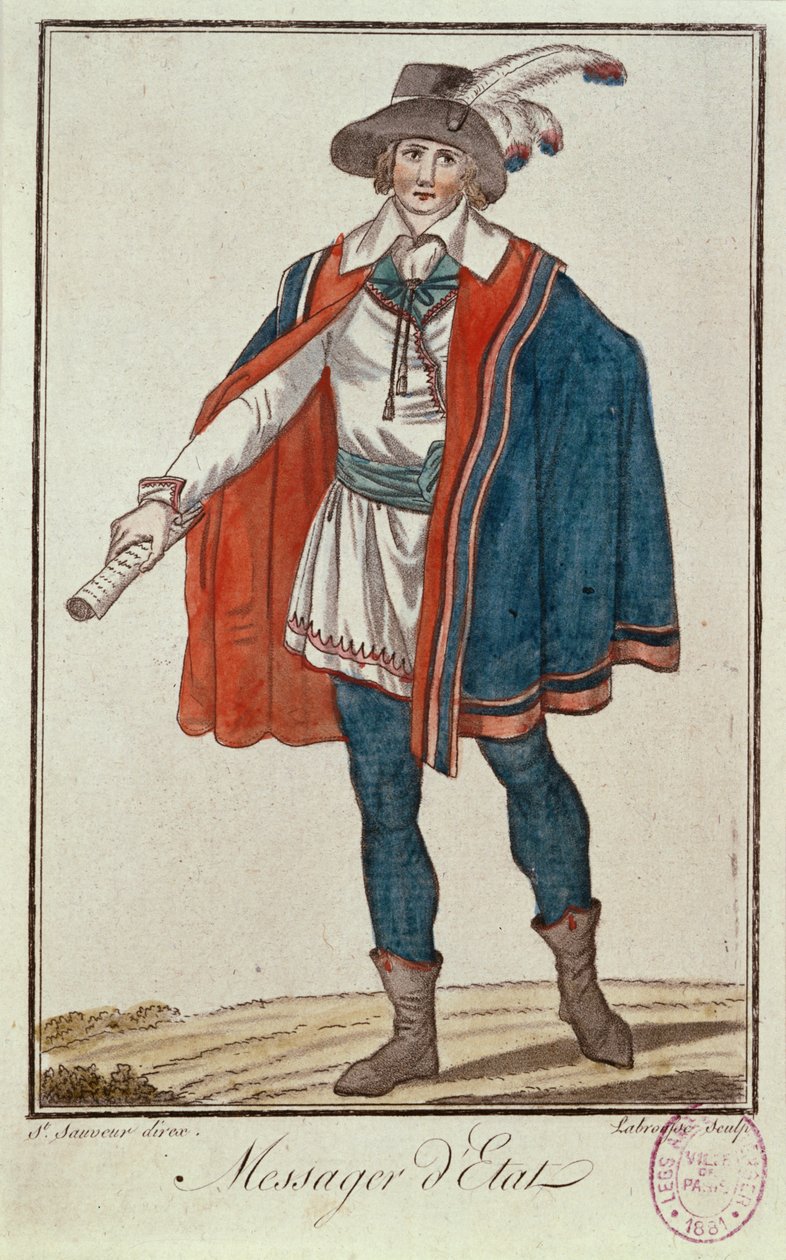 Officiell statsbudbärare under Directoire-perioden i Frankrike, från "Costumes of the Representatives of the French People", graverad av Labrousse, 1790 av Sauveur Legros or Le Gros