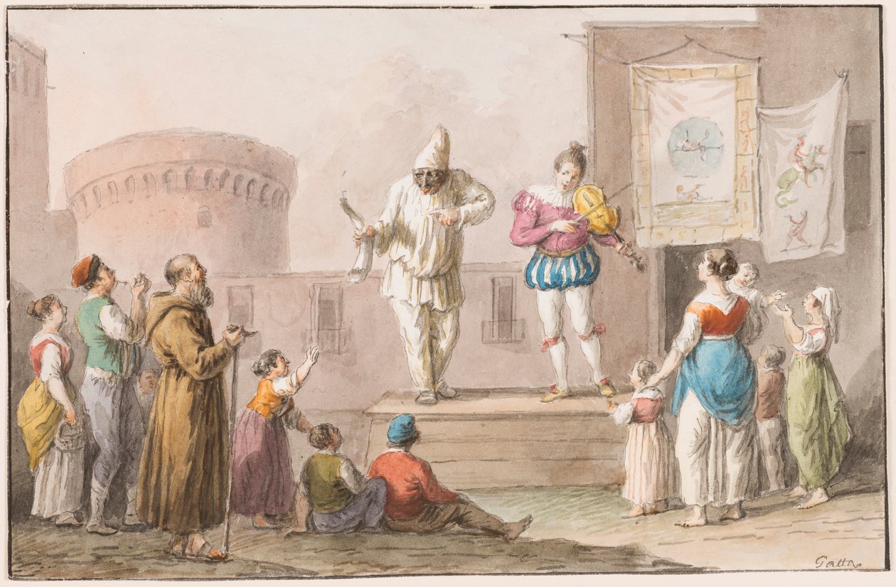 Teckning, akvarell; Uppträdanden i en Commedia dell