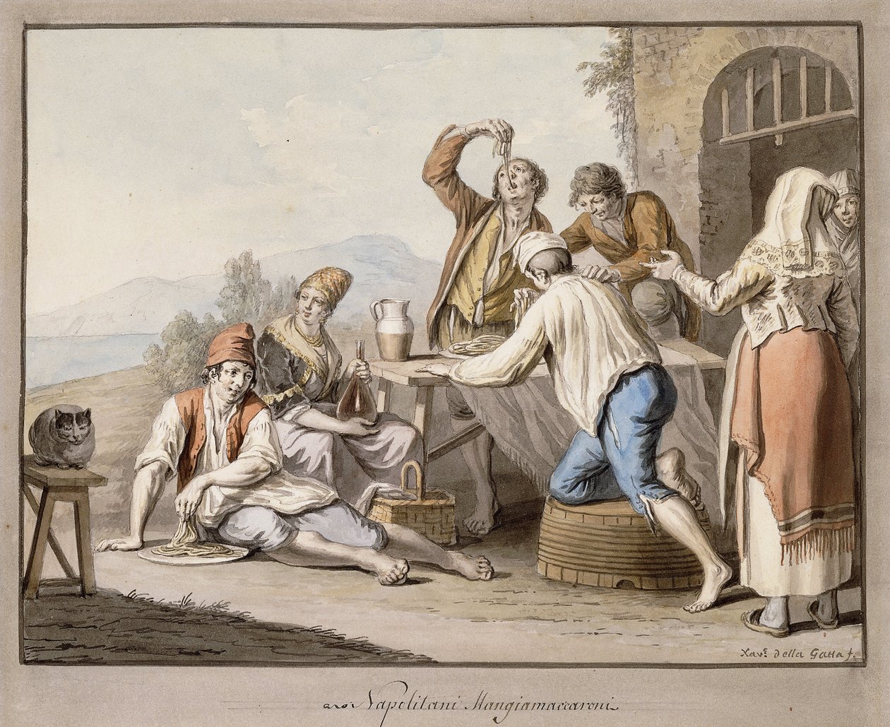 Neopolitans som äter makaroner; Napolitani Ät makaroner, av Saviero Xavier della Gatta