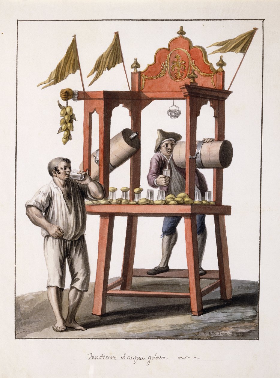 Säljare av Iced Water; och Neopolitan Costume of the Wagon; Säljare av fruset vatten; och den napolitanska vagnens kostym av Saviero Xavier della Gatta