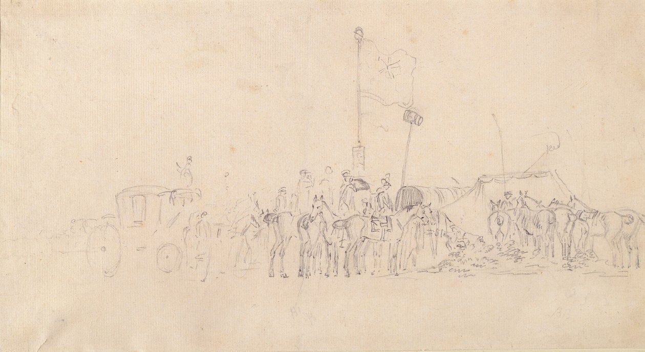 En samling ryttare med vagn, tält och flaggor (grafit på papper) av Sawrey Gilpin