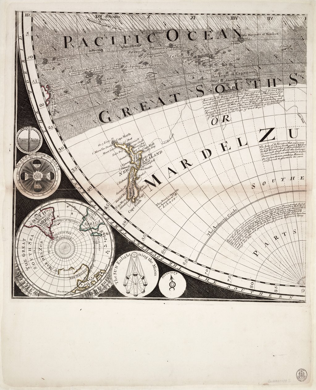 En ny och riktig världskarta (utsnitt), ca 1774 (kolorerad gravyr) av Sayer & Bennett