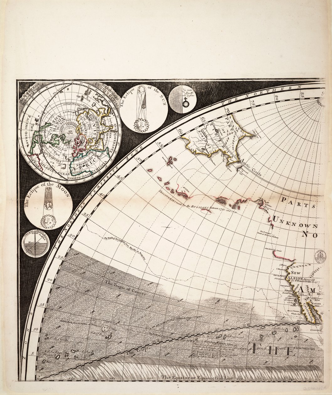 En ny och riktig världskarta (utsnitt), ca 1774 (kolorerad gravyr) av Sayer & Bennett