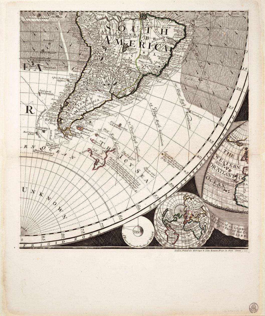 En ny och riktig världskarta (utsnitt), ca 1774 (kolorerad gravyr) av Sayer & Bennett