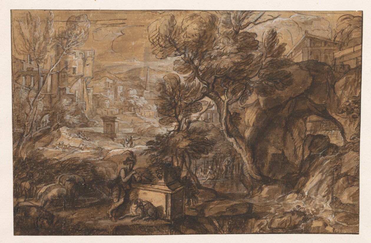 Landskap med en herde vid en antik sarkofag av Sébastien Bourdon (attributed to)