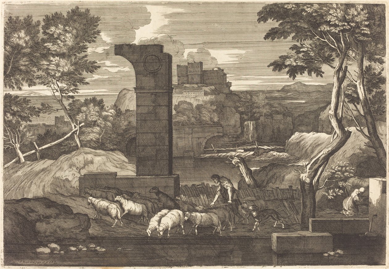 Landskap med bonden och hans flock av Sébastien Bourdon