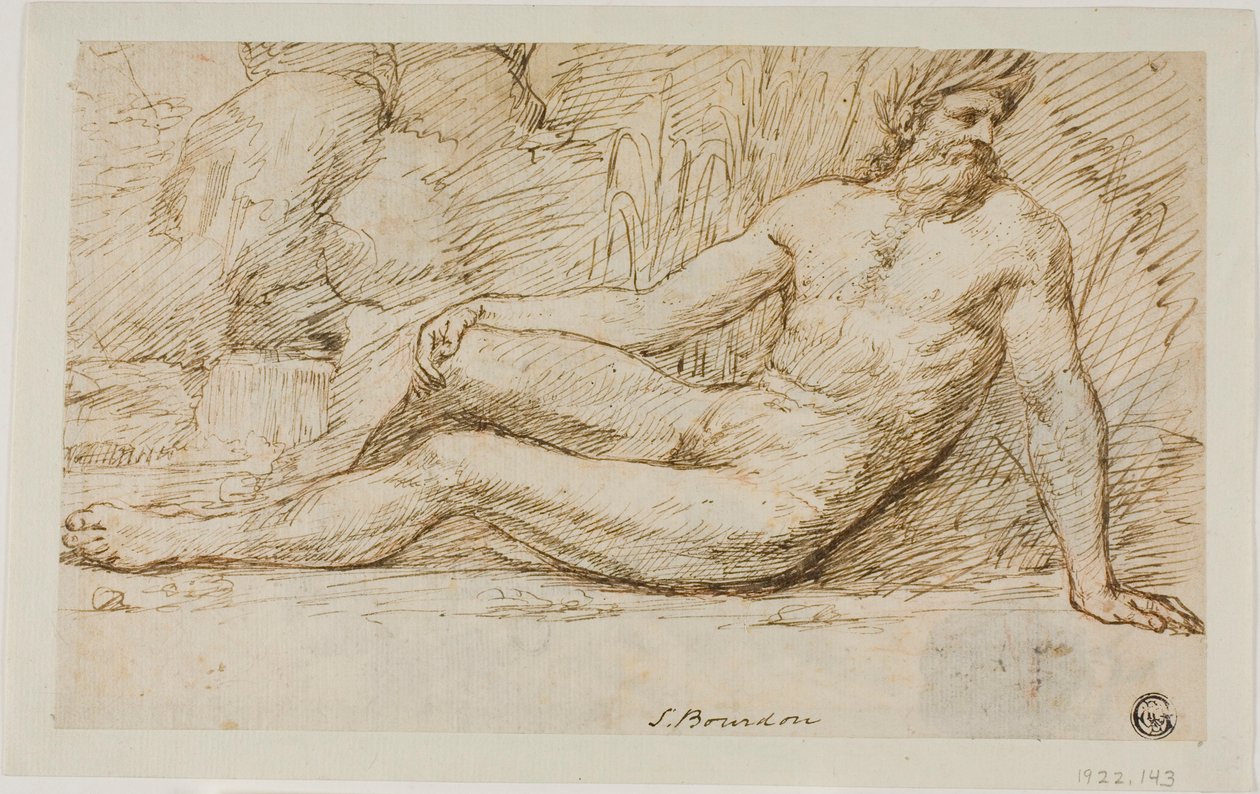 River God (recto); Skisser av två manshuvuden (verso) av Sébastien Bourdon