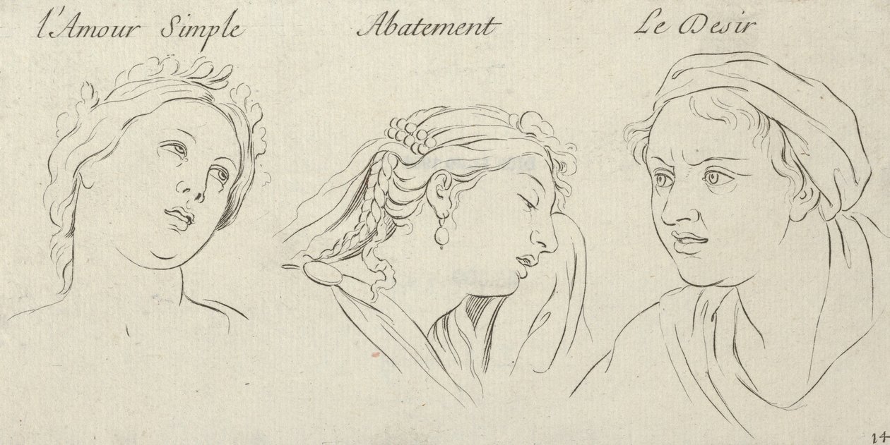 Enkel kärlek, nedstämdhet, begär från passionernas karaktärer, graverad på de..., 1695-1720. av Sébastien Le Clerc the Younger