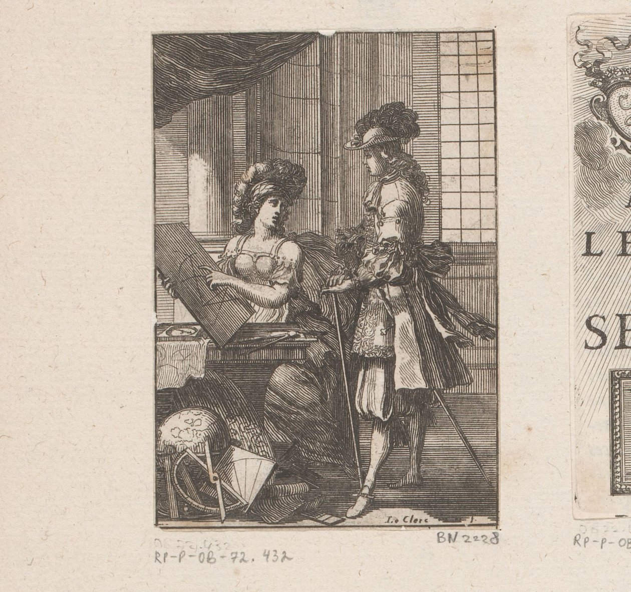 Geometria och ung man med geometrisk ritning Titelsida för: Pratique de la géometrie, sur le papier et sur le terrain (...), 1669 av Sébastien Leclerc (I)