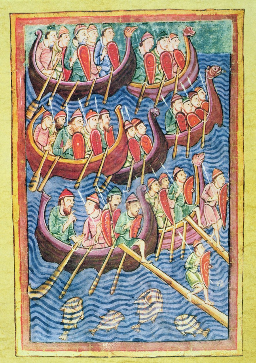 Vikingar går i land i England under den andra migrationsvågen (vellum) av Scandinavian School