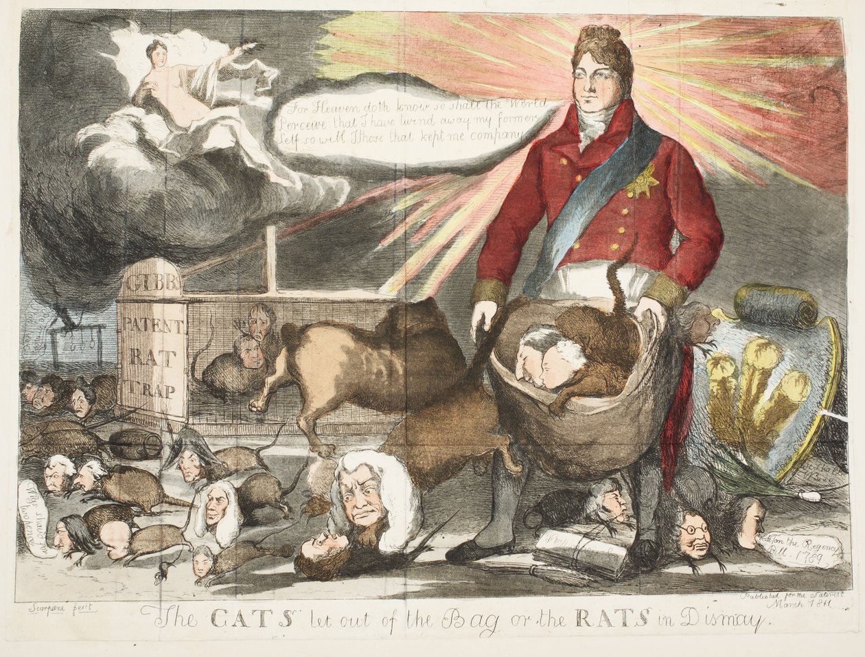 The Cats släppte ut ur påsen eller Rats in Dismay, pub mars 1811 (handfärgad etsning) av Scarpione