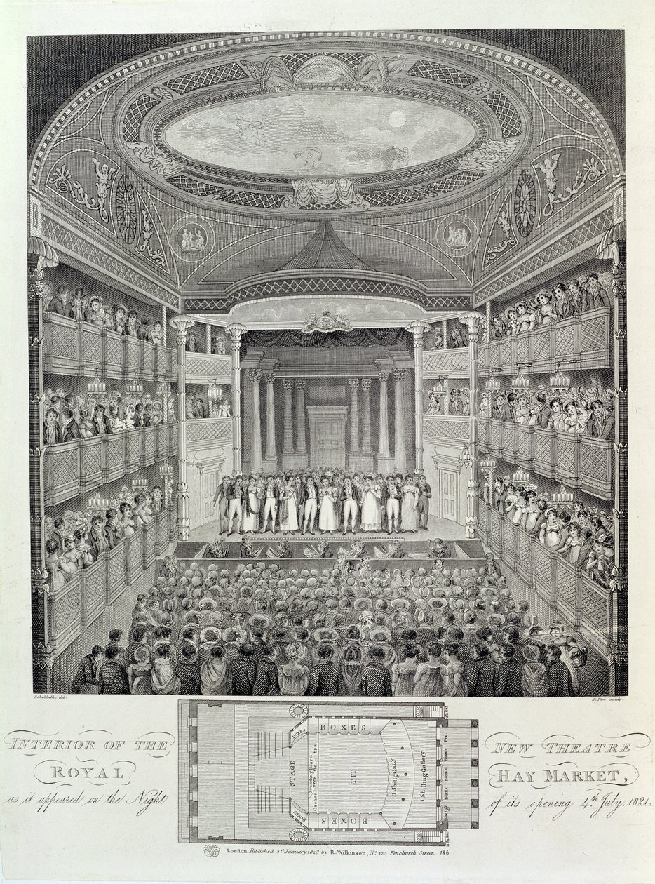 Interiören i New Theatre Royal, Haymarket, som den såg ut på premiärkvällen den 4 juli 1821, graverad av James Stow (c.1770-p.1823), 1823 av Schebbellie