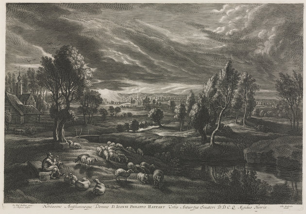Landskap med herde som spelar en flöjt. av Schelte Adams Bolswert