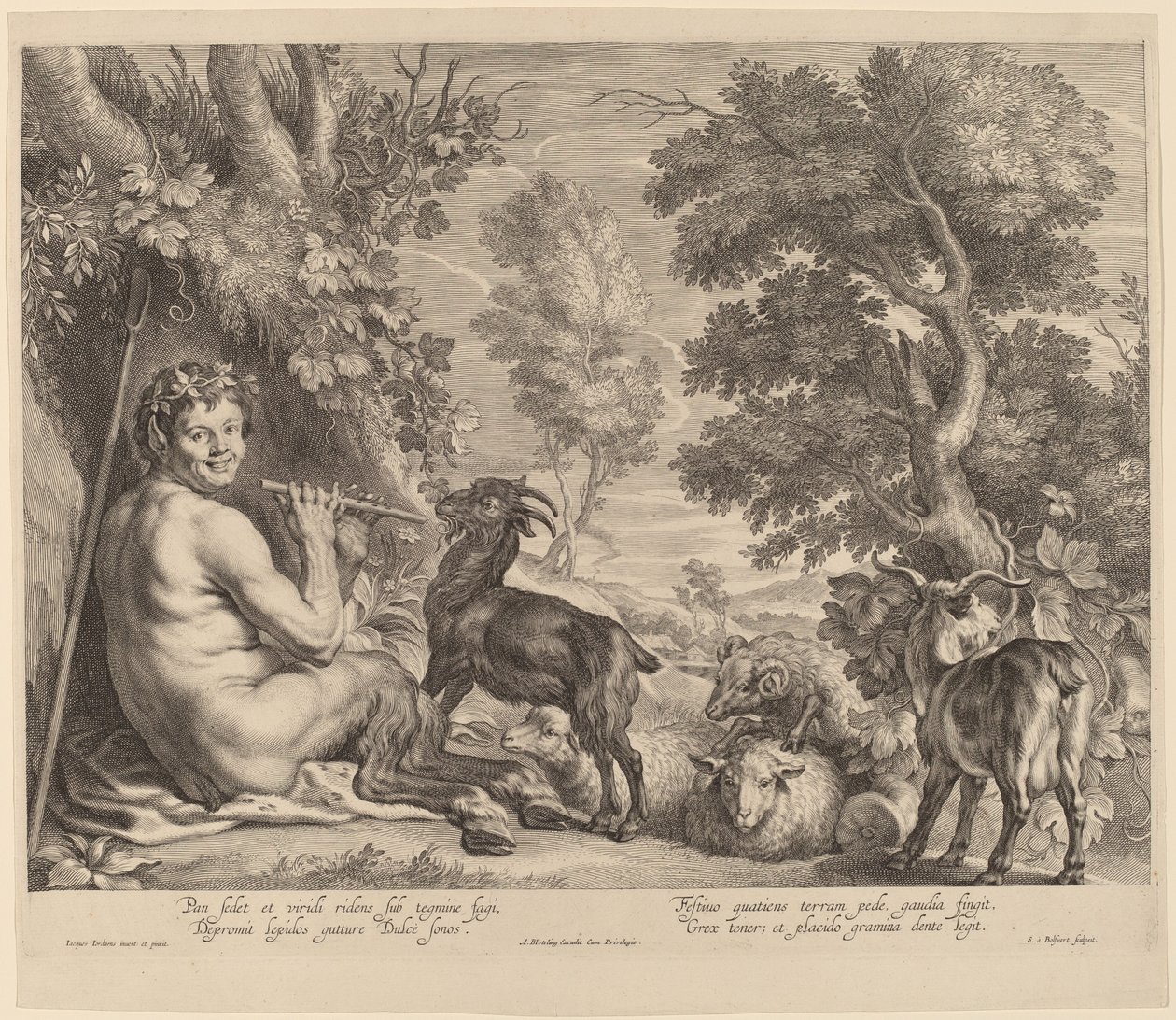 Pan spelar flöjt av Schelte Adams Bolswert after Jacob Jordaens