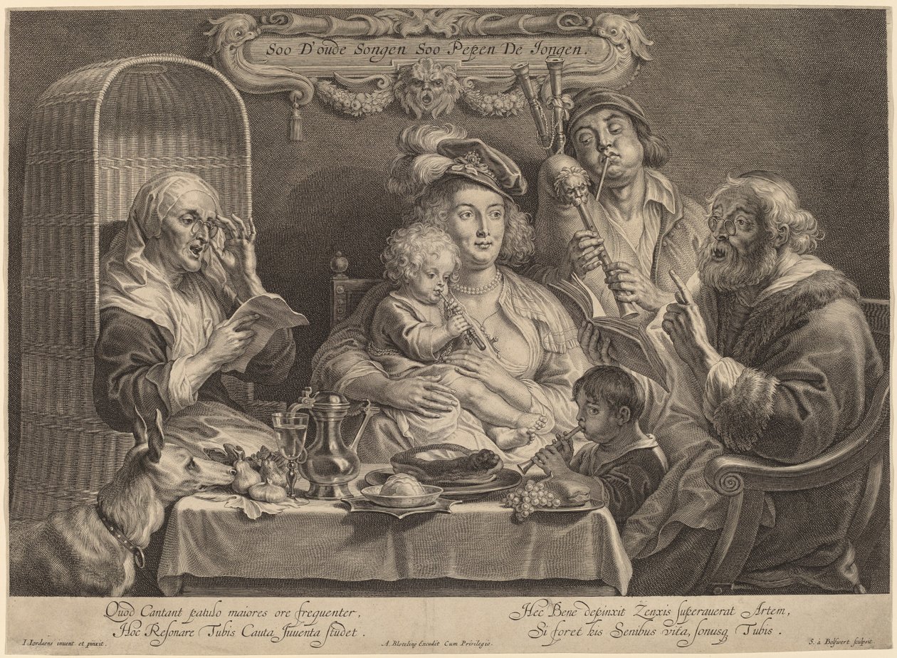 Familjekonserten (Som de gamla sjunger, så de unga twitter) av Schelte Adams Bolswert after Jacob Jordaens