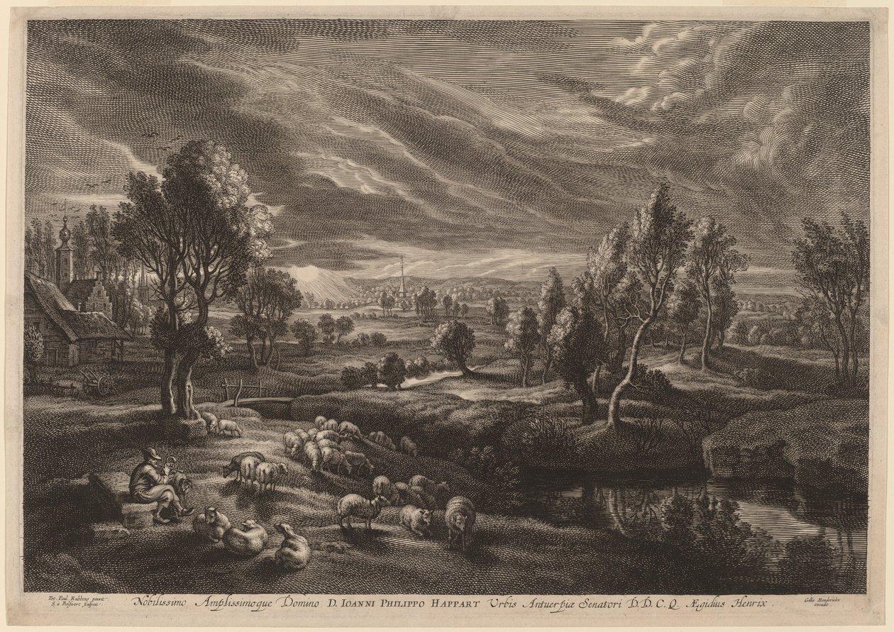Ett landskap med en by av Schelte Adams Bolswert after Sir Peter Paul Rubens