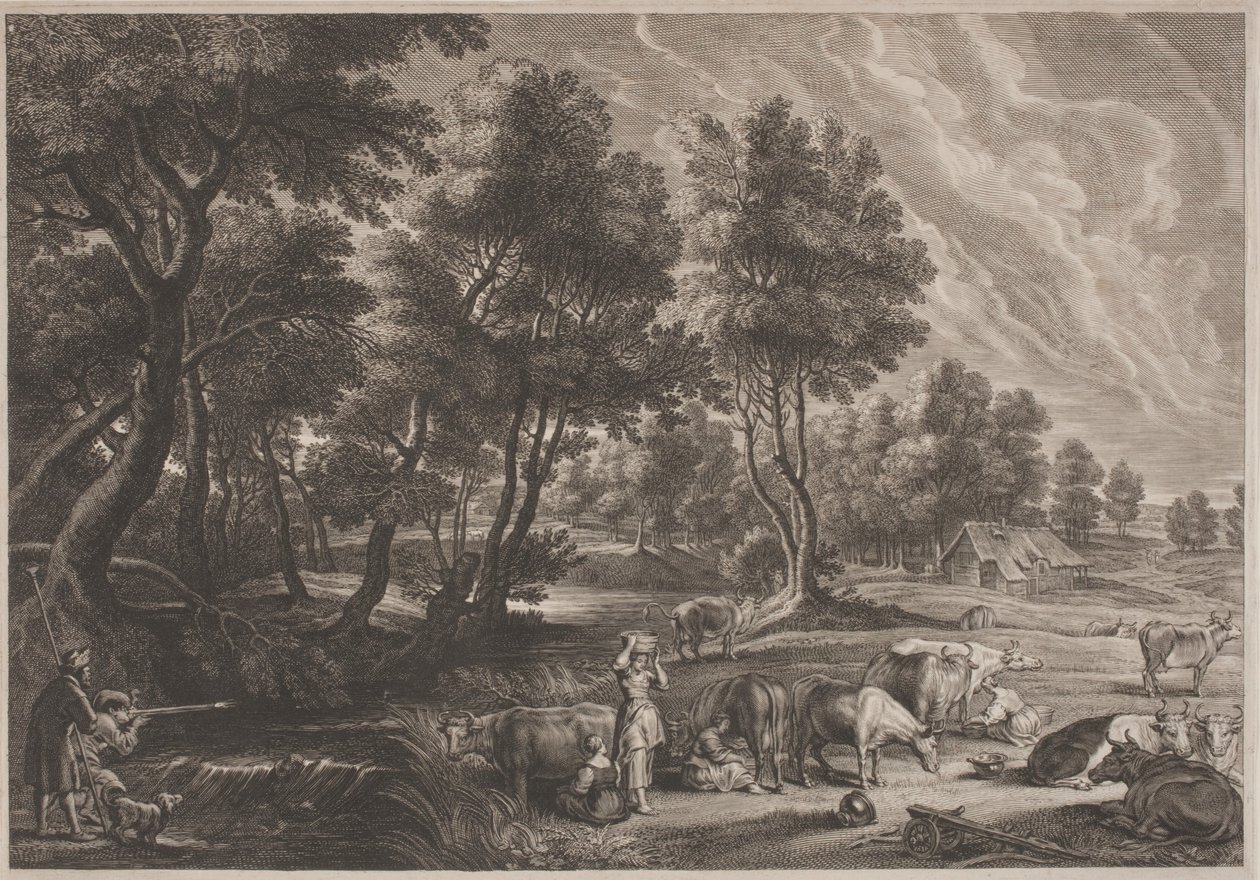 Gårdslandskap med jägare och mjölkpigor av Schelte Adams Bolswert, after Sir Peter Paul Rubens