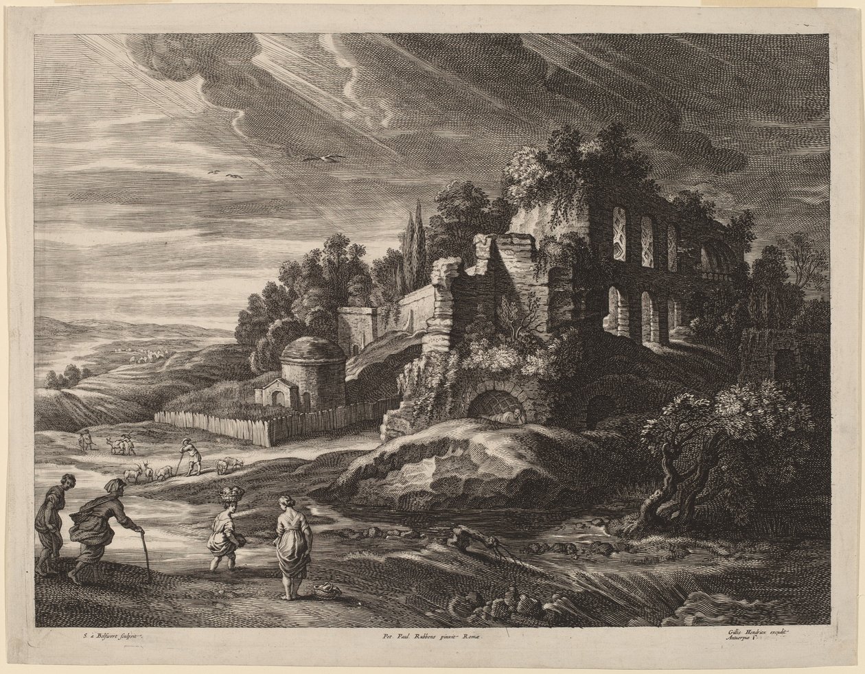 Landskap med stora romerska ruiner av Schelte Adams Bolswert after Sir Peter Paul Rubens