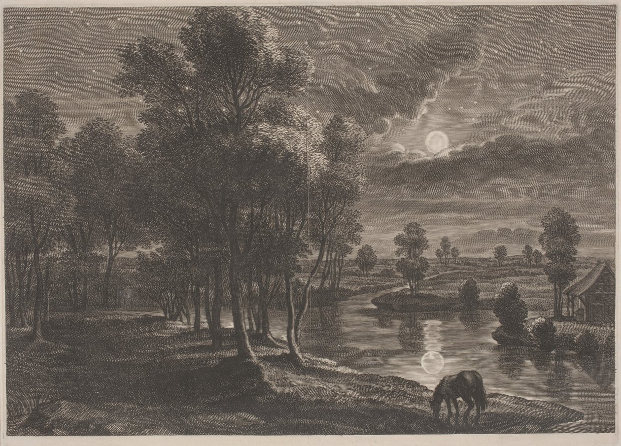 Månbelyst flodlandskap av Schelte Adams Bolswert, after Sir Peter Paul Rubens