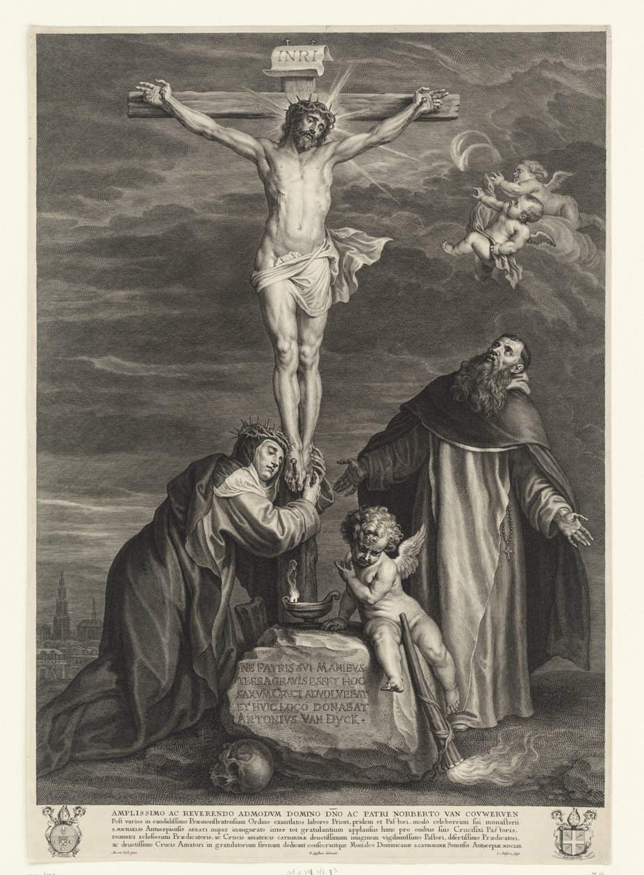 Kristus på korset med de heliga Katarina av Siena och Dominikus under korset av Schelte Adamsz. Bolswert