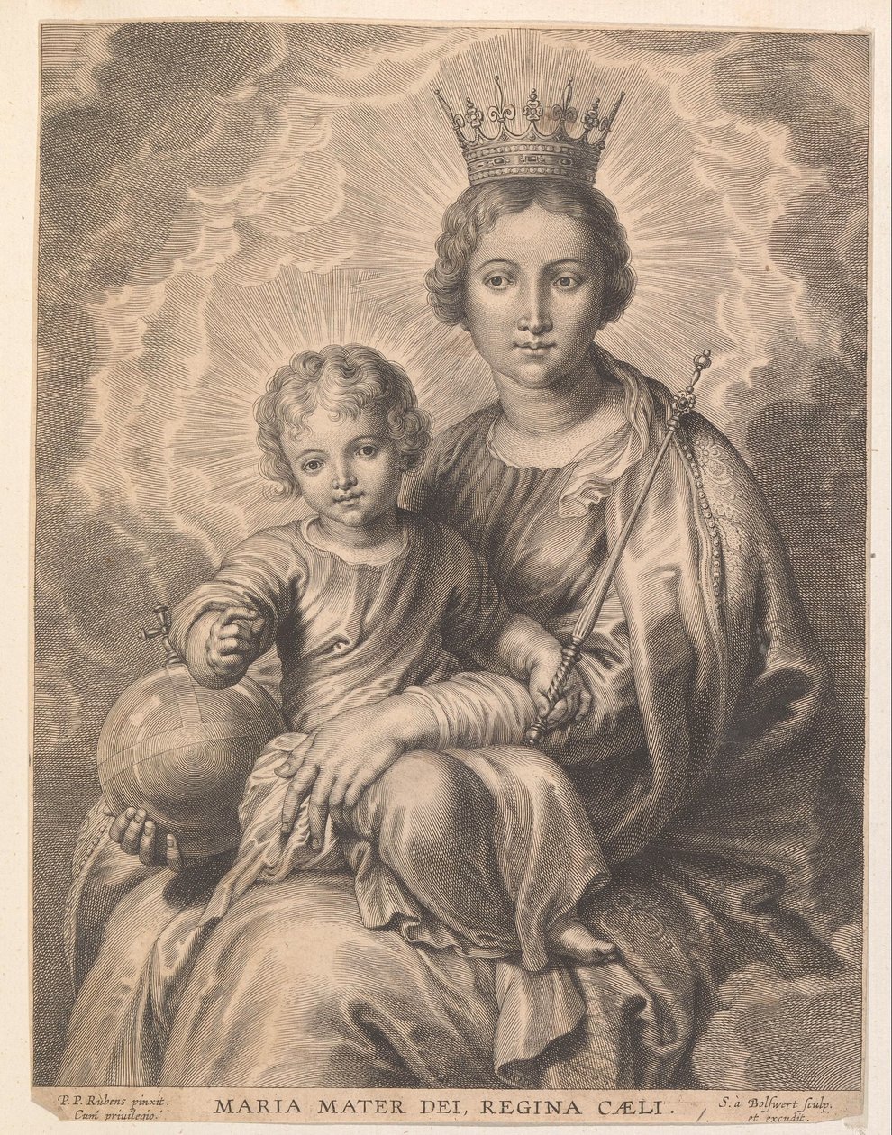 Mary med barn och jordglob Maria mater dei, regina caeli (titel på objekt) av Schelte Adamsz. Bolswert