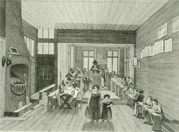 Interiörvy av skolan i samband med John Bunyans möteshus på Zoar Street, Southwark, graverad av Dale, 1822 (se även 192751) av Schnibbelee after Schnibbelee after