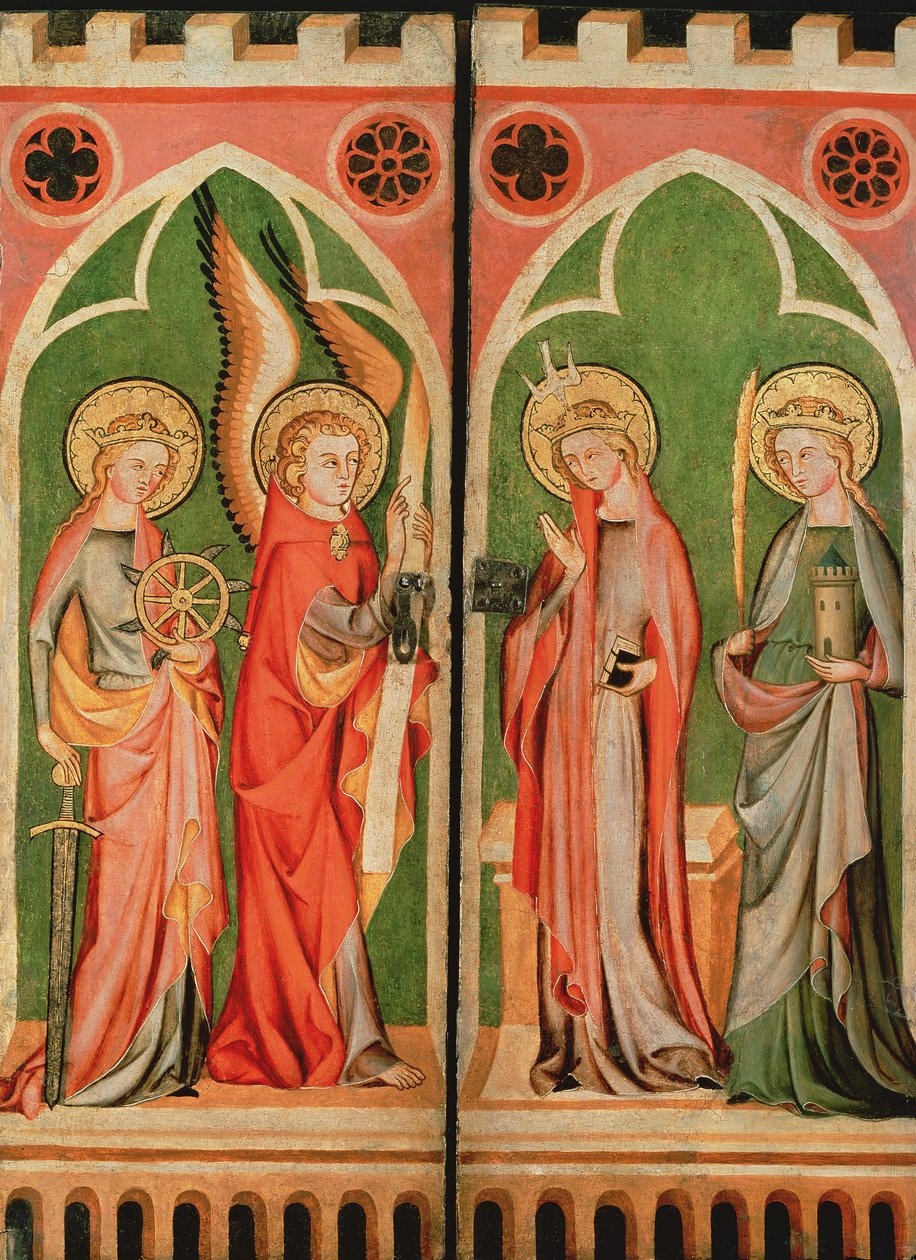 Bebådelse med S.S. Barbara och Katherine, 1310-40 av School of Cologne