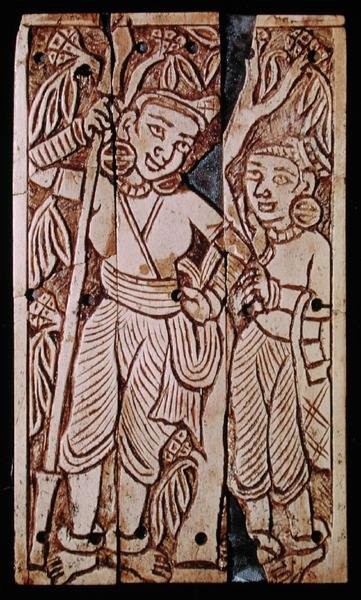 Relief föreställande två kvinnor under ett asokaträd, från Begram, 2:a-3:e århundradet e.Kr. (elfenben) av School Afghan