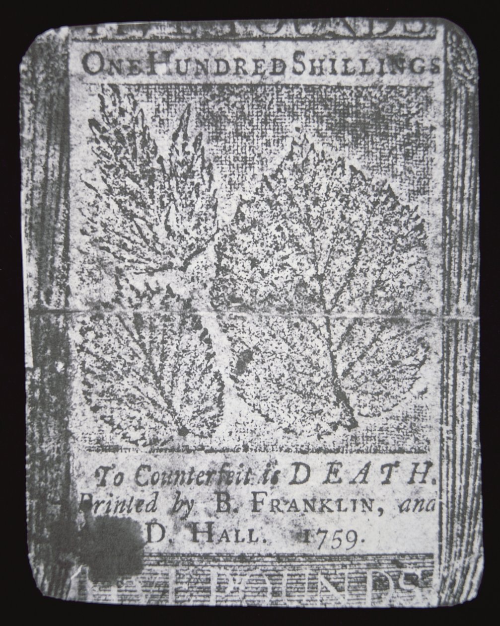 En sedel på 100 shilling designad och tryckt av Benjamin Franklin 1759 (litho) av School American