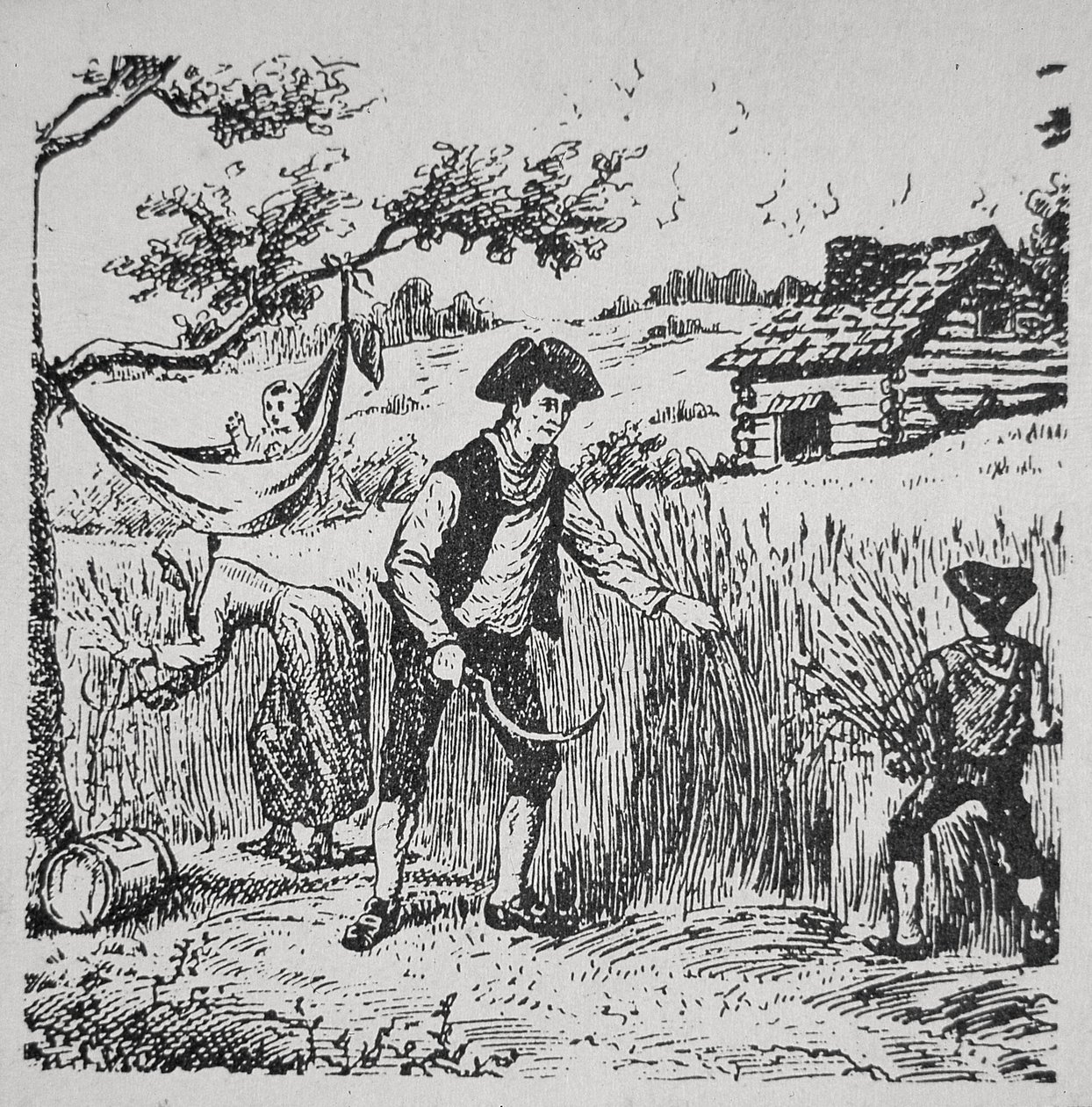 En familj som skördar majs (litho) av School American