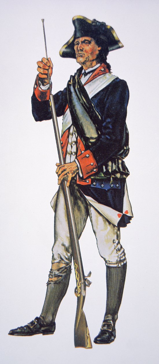 Amerikanska frihetskrigets soldat från (amerikanska) Pennsylvania State Regiment (akvarell på papper) av School American