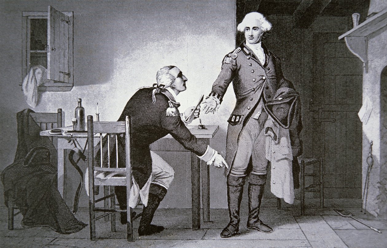 Amerikansk förrädare: General Benedict Arnold instruerar Andre att gömma papper i sin stövelöverdel (litho) av School American