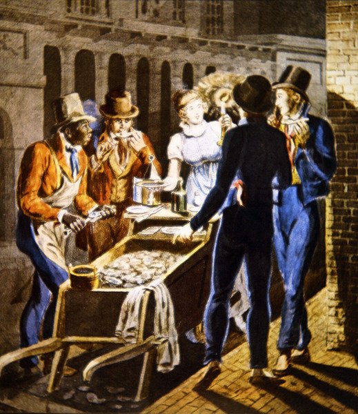 En ostron som säljer sina varor utanför Chestnut Street Theatre i Philadelphia, ca 1796 (akvarell på papper) av School American
