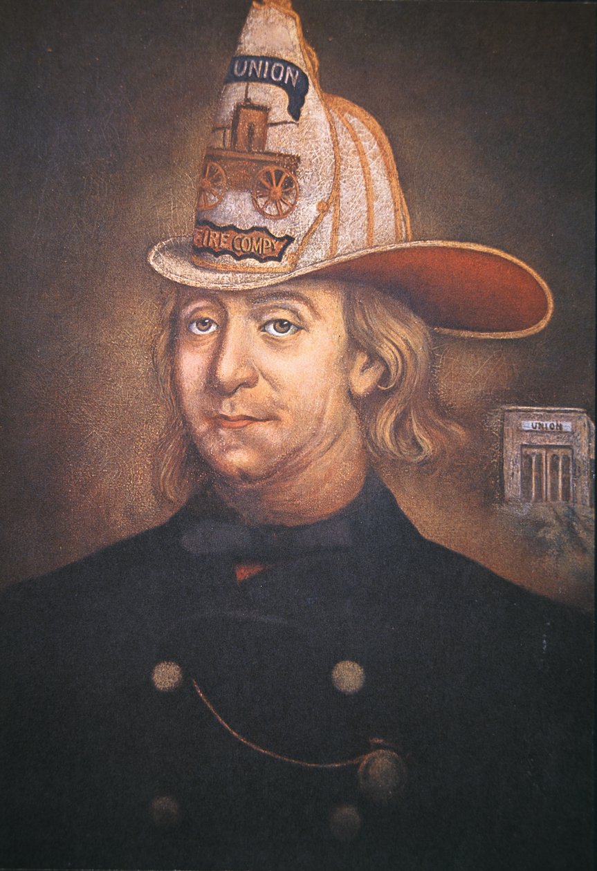 Benjamin Franklin bär uniformen från Union Fire Company som han grundade i Philadelphia 1736 (färg litho) av School American