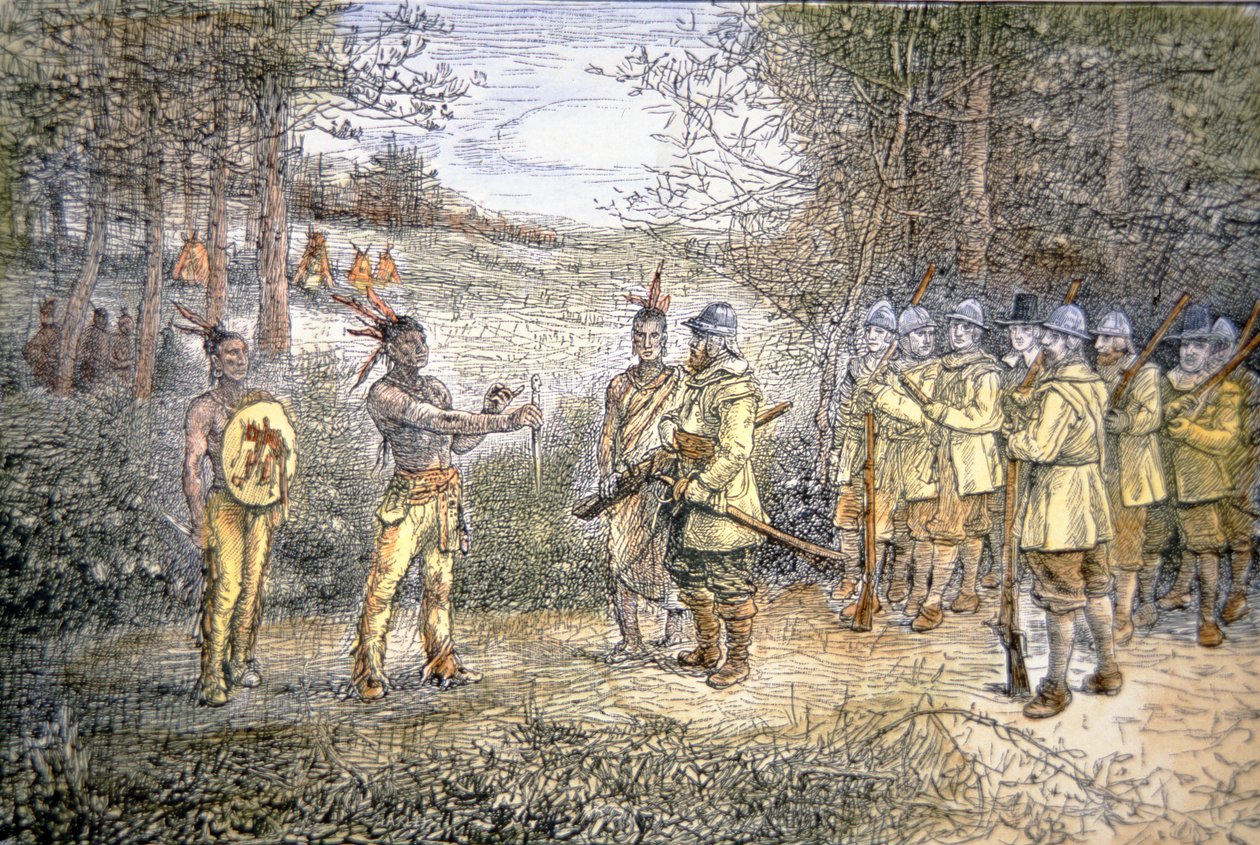 Kapten Miles Standish handlar med Wampanoag-indianer 1621 (färg litho) av School American