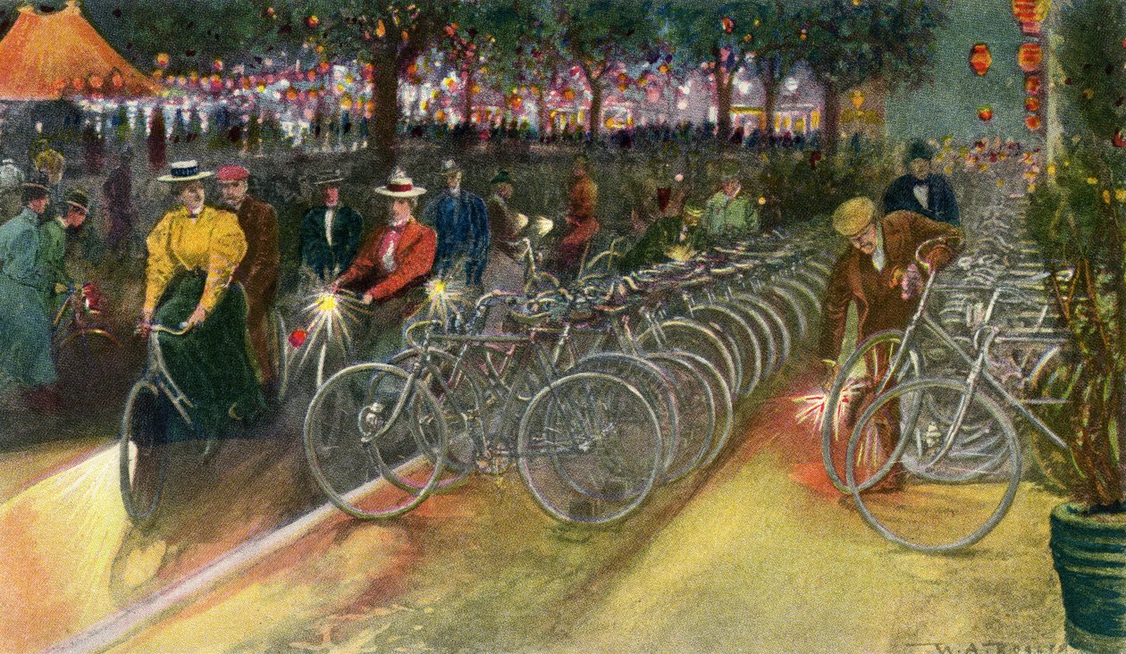 Cyklister i New York, ca 1890, ur "In the Golden Nineties" av Henry Collins Brown av School American