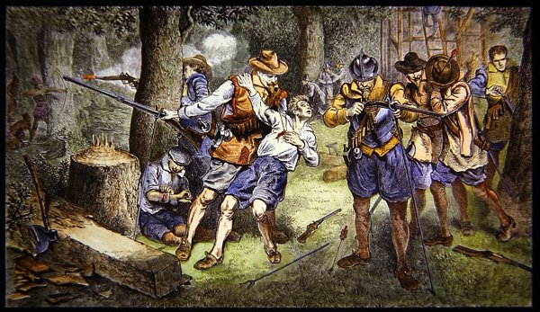 Försvara spädbarnsbosättningen mot indisk attack i kolonin Jamestown, Virginia 1607 (färg litho) av School American