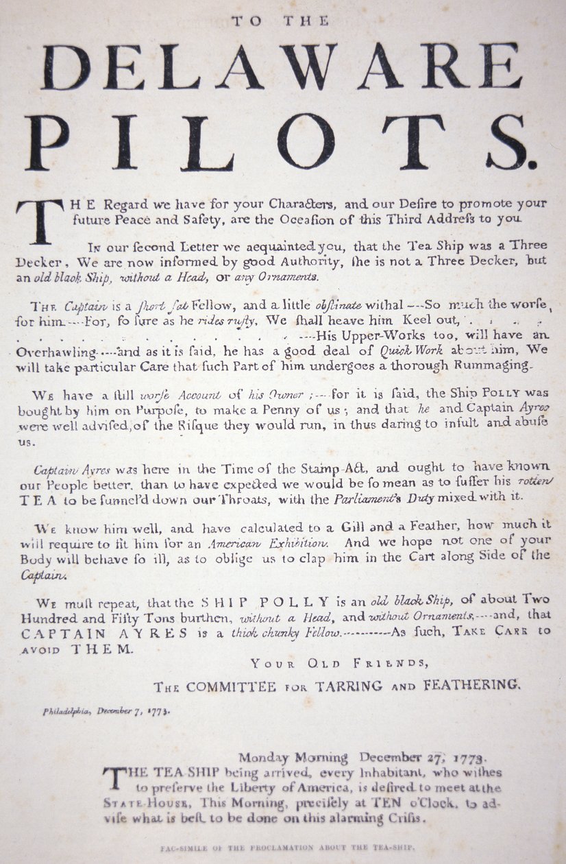 Faksimile av tillkännagivandet från Philadelphia-patrioterna till Delaware-piloterna som varnar dem att inte ta itu med det brittiska teskeppet, 7 december 1773 (litho) av School American