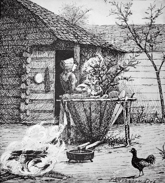 Gårdsscen - en kvinna vid ett tvättkar, efter en illustration av J. S. Hodgson (litho) av School American