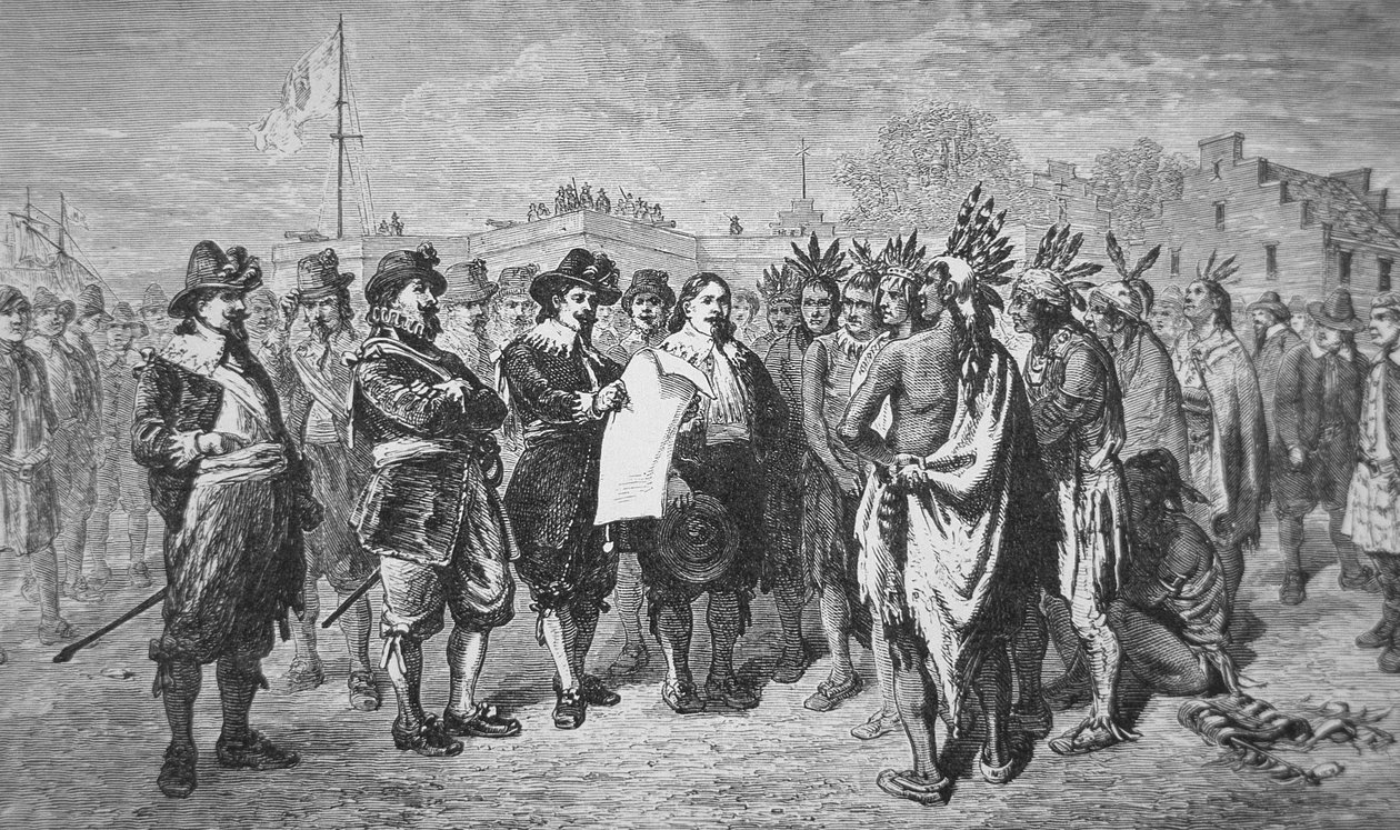 Guvernör Kieft sluter fred med indianerna 1646 (litho) av School American