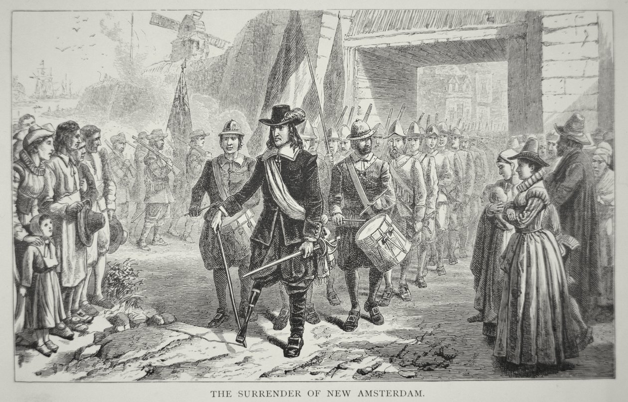 Guvernör Peter Stuyvesant överlämnar New Amsterdam till britterna 1664 (litho) av School American