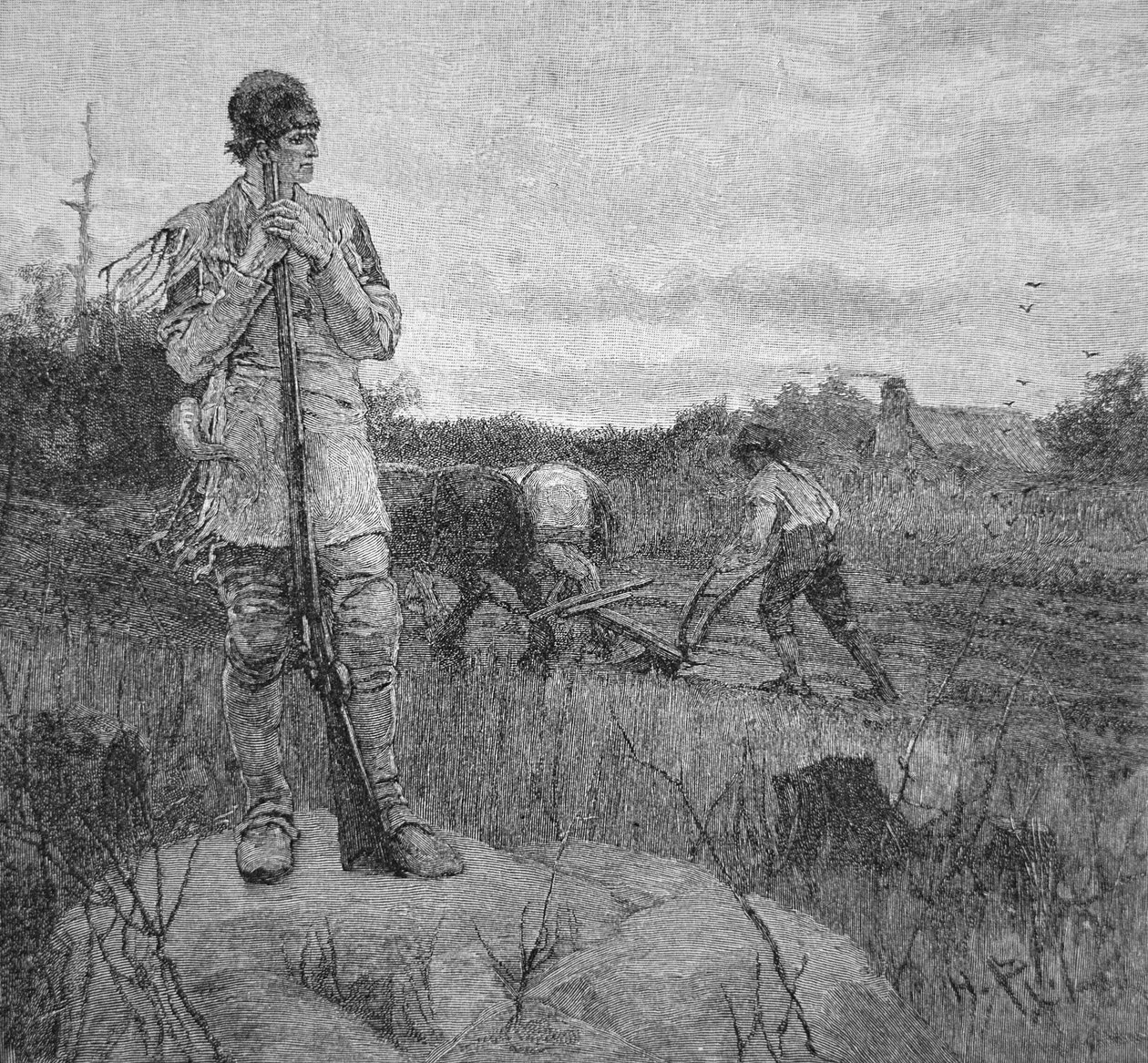 Vaktar en gård mot en indisk attack, efter en illustration av Howard Pyle (litho) av School American