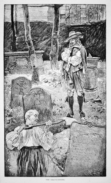 Livet i New England på 1600-talet - Gravgrävaren (litho) av School American