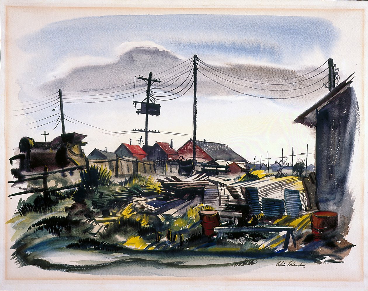 Lumber Camp (akvarell på benvitt papper) av School American