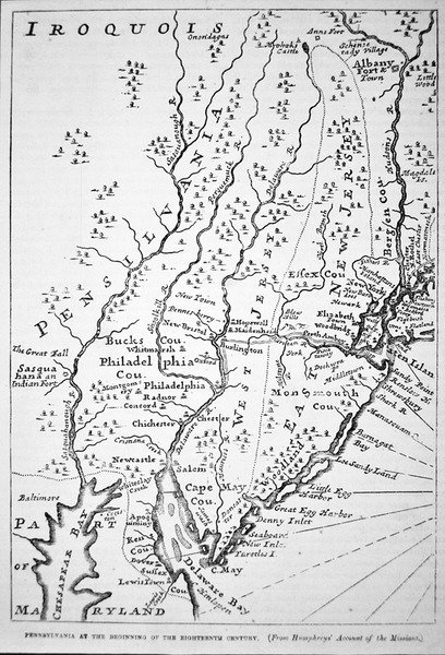 Karta över Pennsylvania i början av 1700-talet, från Humphreys "Account of the Missions" (litografi) av School American