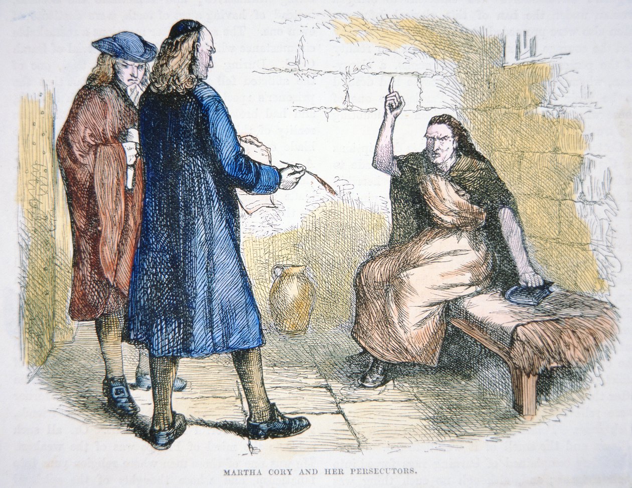 Martha Corey anklagas för häxkonst under häxprocesserna i Salem 1692 (färg litho) av School American