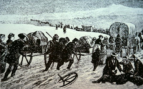 Mormonvagnståg i en snöstorm på väg mot Salt Lake City, Utah (gravyr) av School American